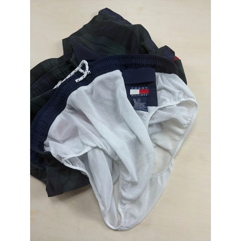 Tommy Hilfiger Mens Plaid Swim Trunks Green Navy Blue L Mesh Lined Board Shorts